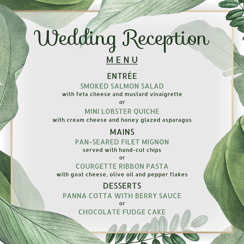 Wedding reception menu Instagram post template, editable text