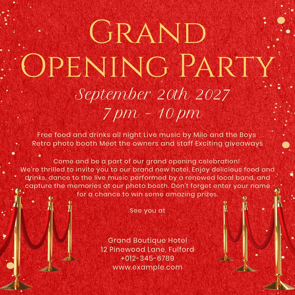 Grand opening party Instagram post template, editable text