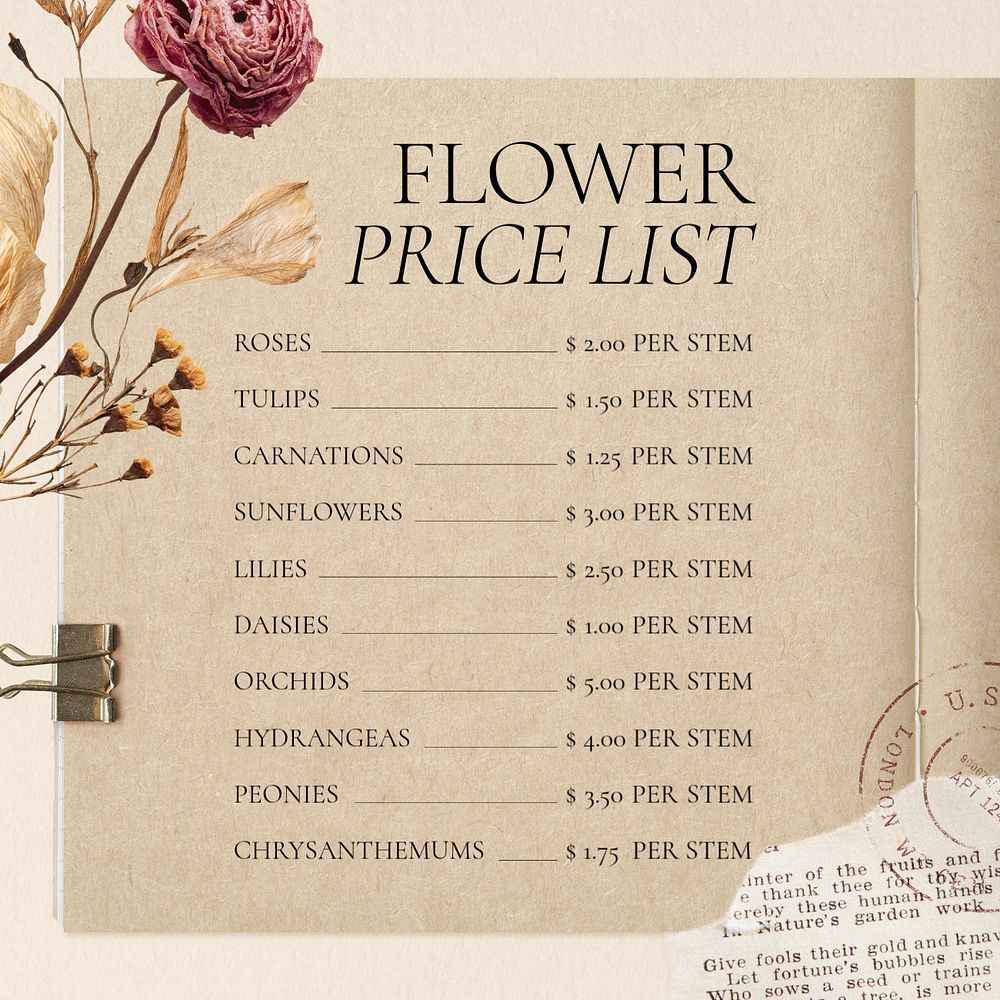 Flower price list Instagram post template, editable text