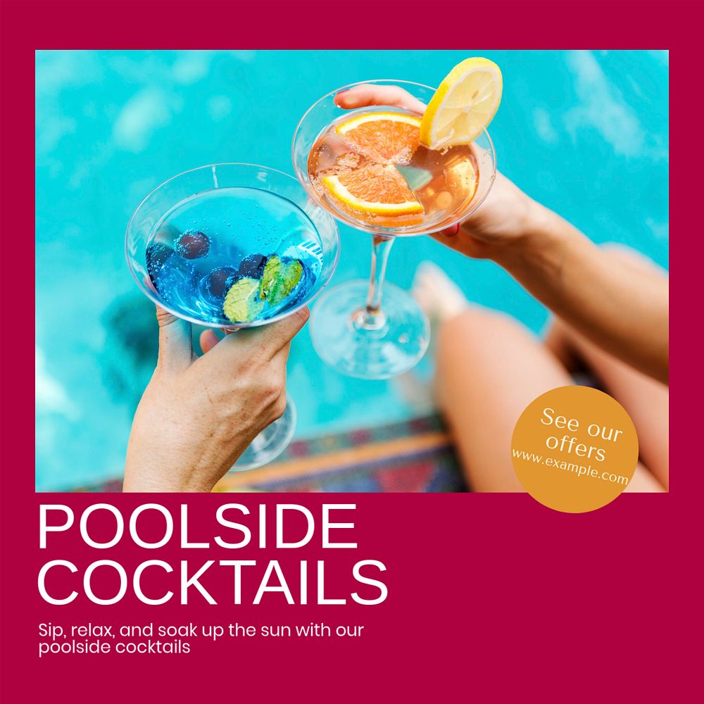 Poolside cocktails Instagram post template, editable text