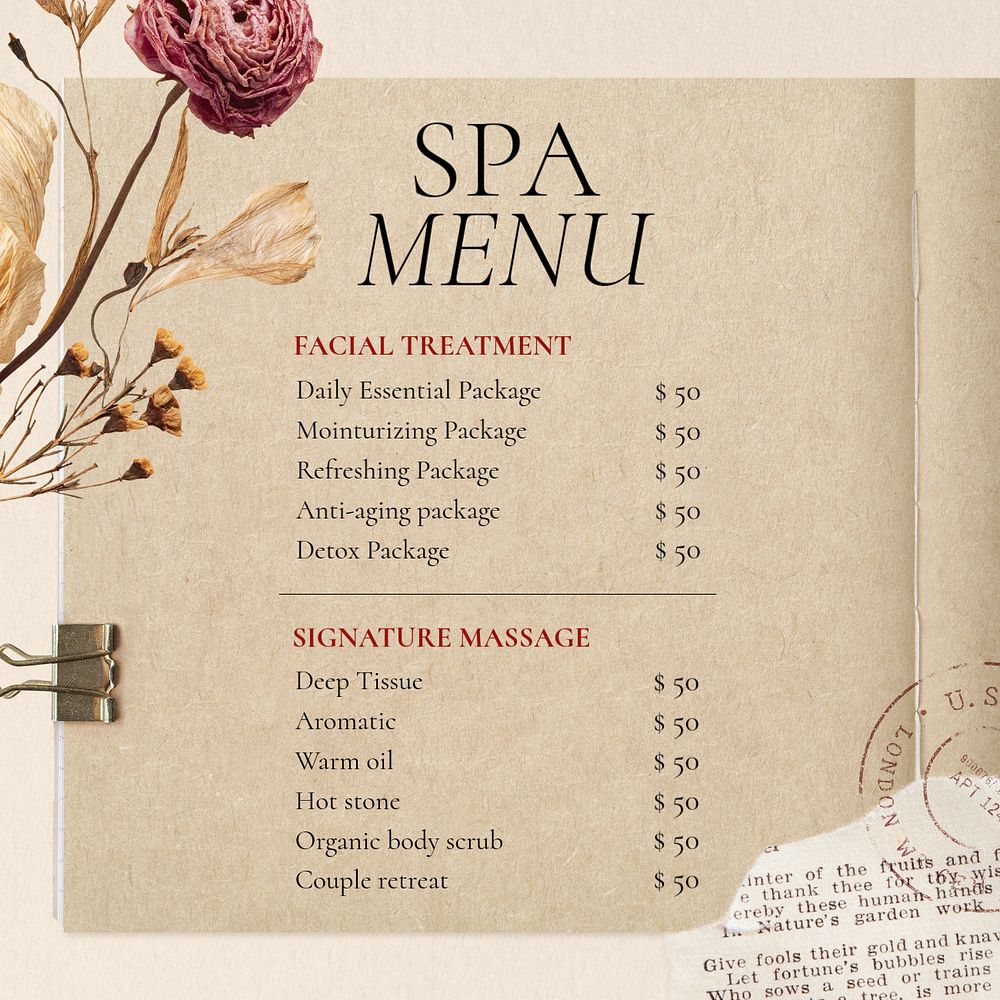 Spa menu Instagram post template, editable text