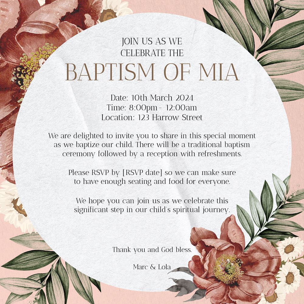 Baptism invitation Instagram post template, editable text