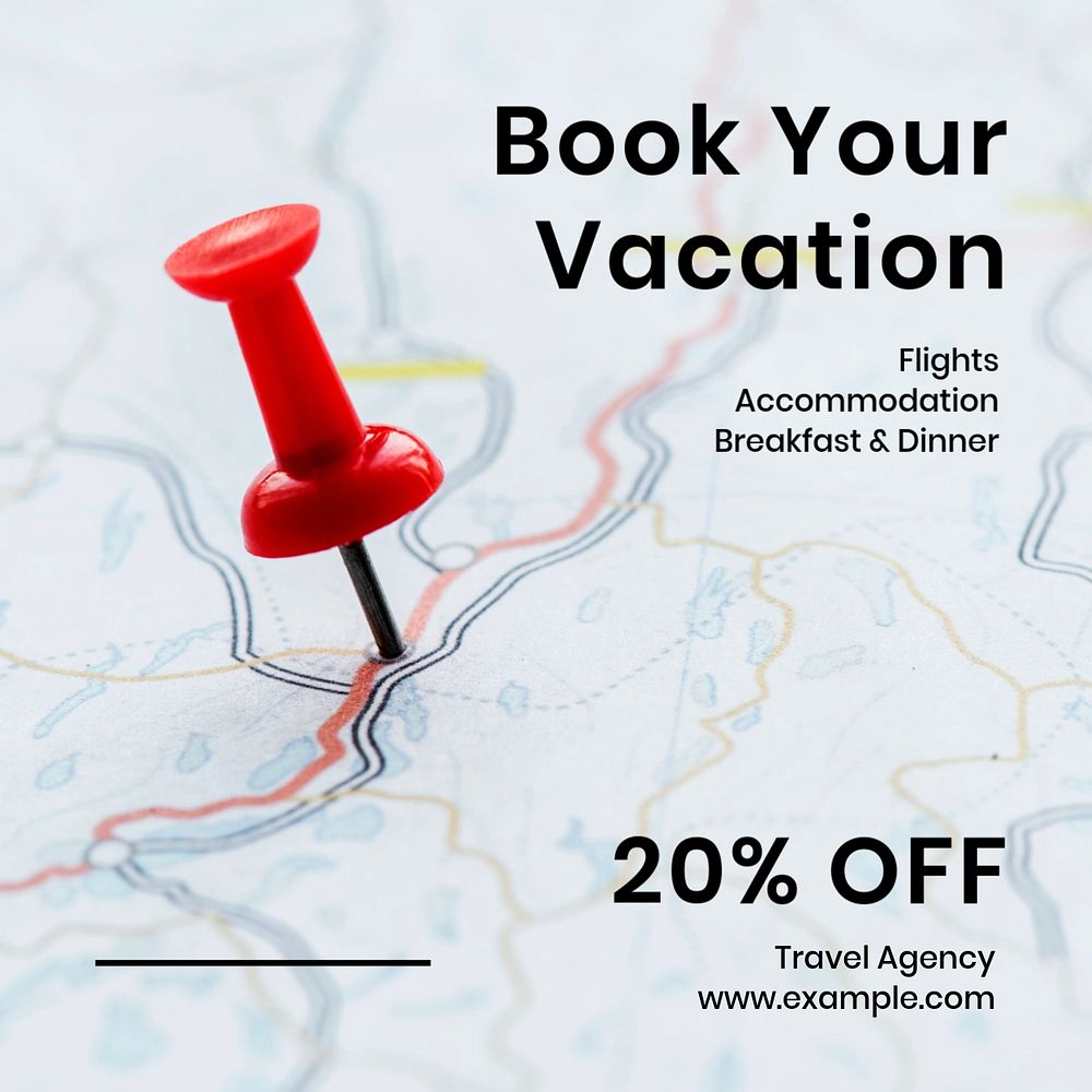 Book your vacation Instagram post template, editable text