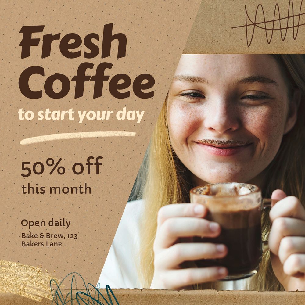 Fresh coffee Instagram post template, editable text