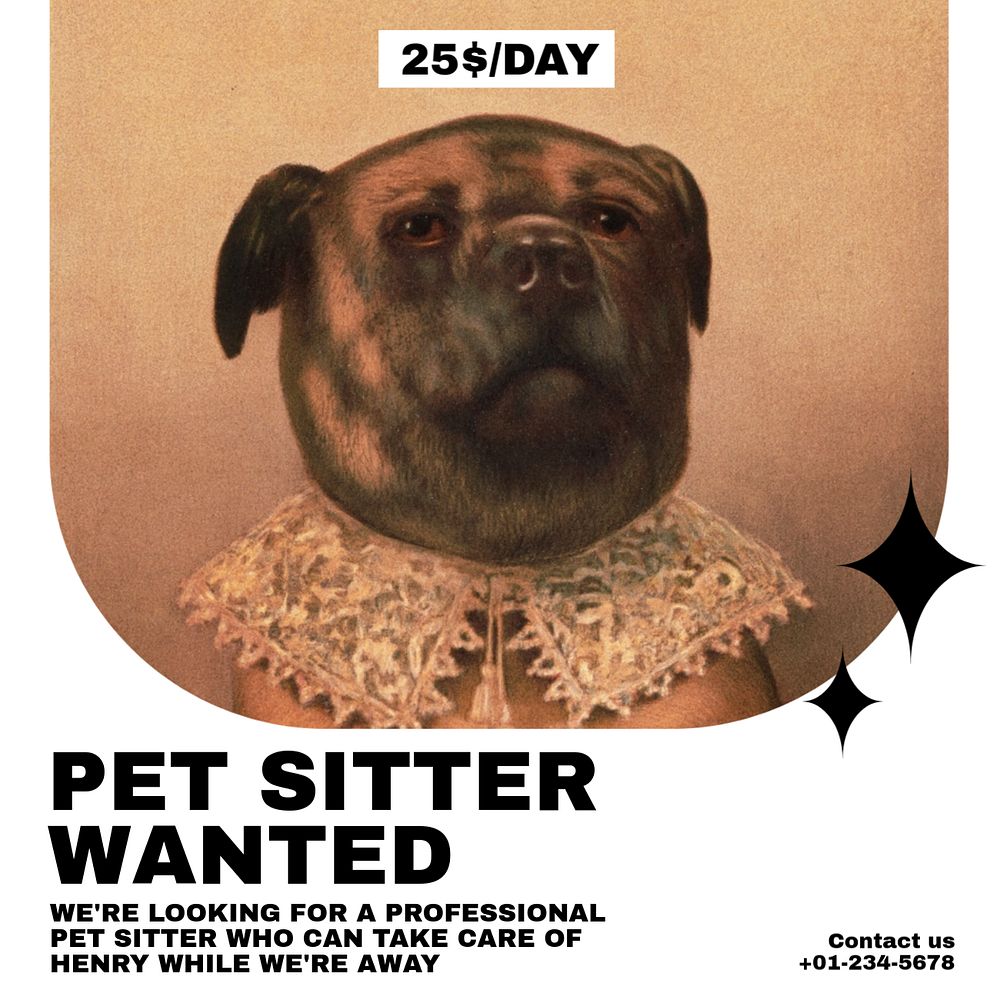 Pet sitter wanted Instagram post template, editable text