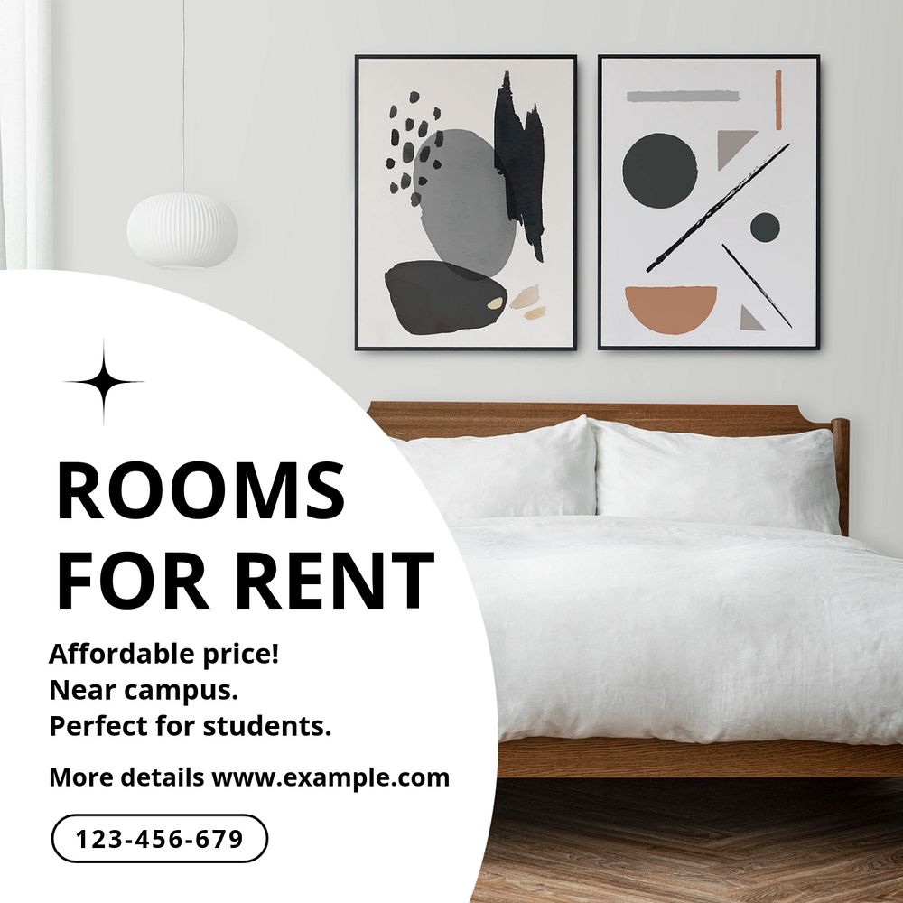 Rooms for rent Instagram post template, editable text