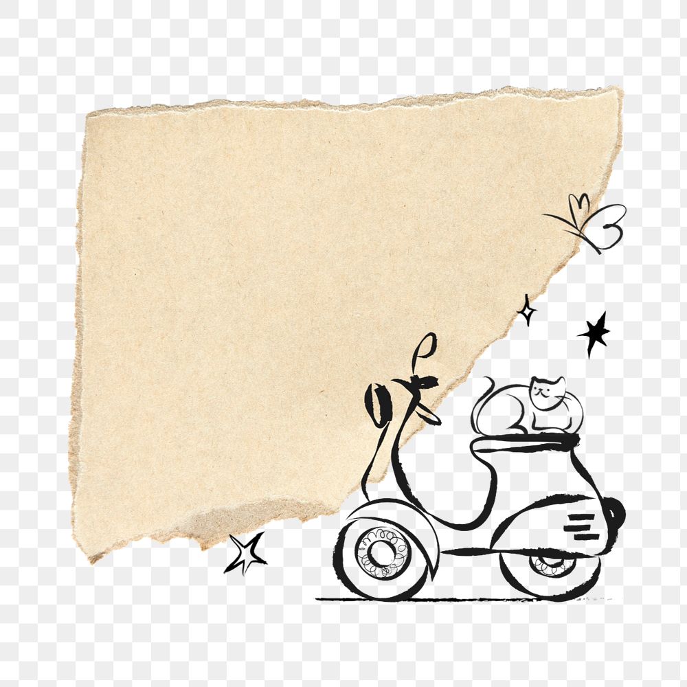 Png cute cat on motorcycle, editable ripped paper design on transparent background