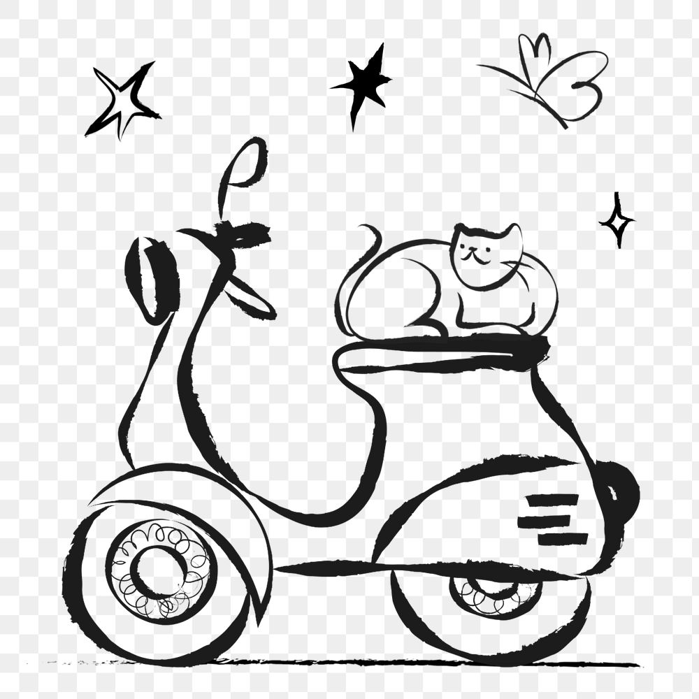 Png cute cat on motorcycle, editable illustration remix on transparent background