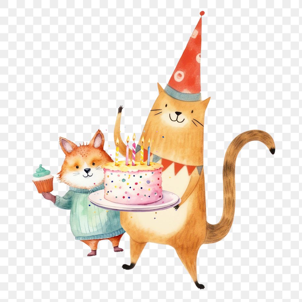 Birthday cat png element, watercolor animal, editable design