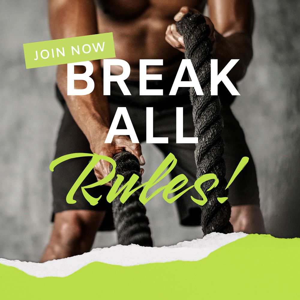 Gym ad Instagram post template, break all rules quote