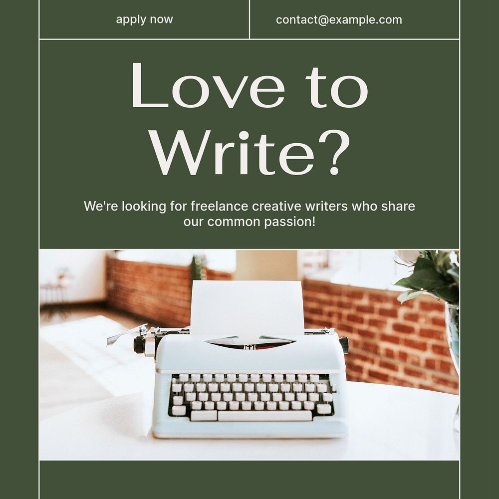 Creative writer hiring Instagram post template, editable social media design