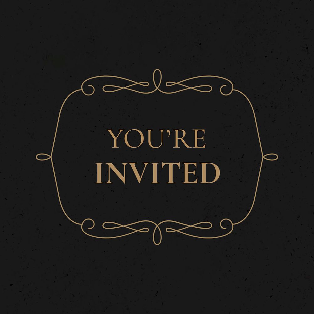 You're invited editable vintage wedding badge template in black and gold