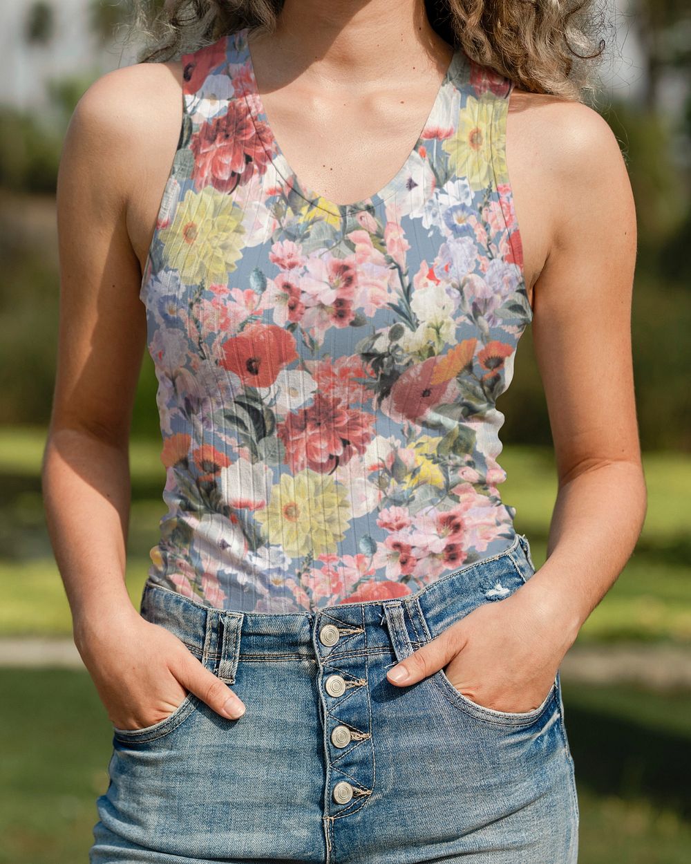 Woman in floral tank top, casual wear fashion