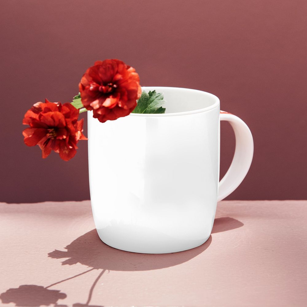 Coffee mug mockup, red peonies 