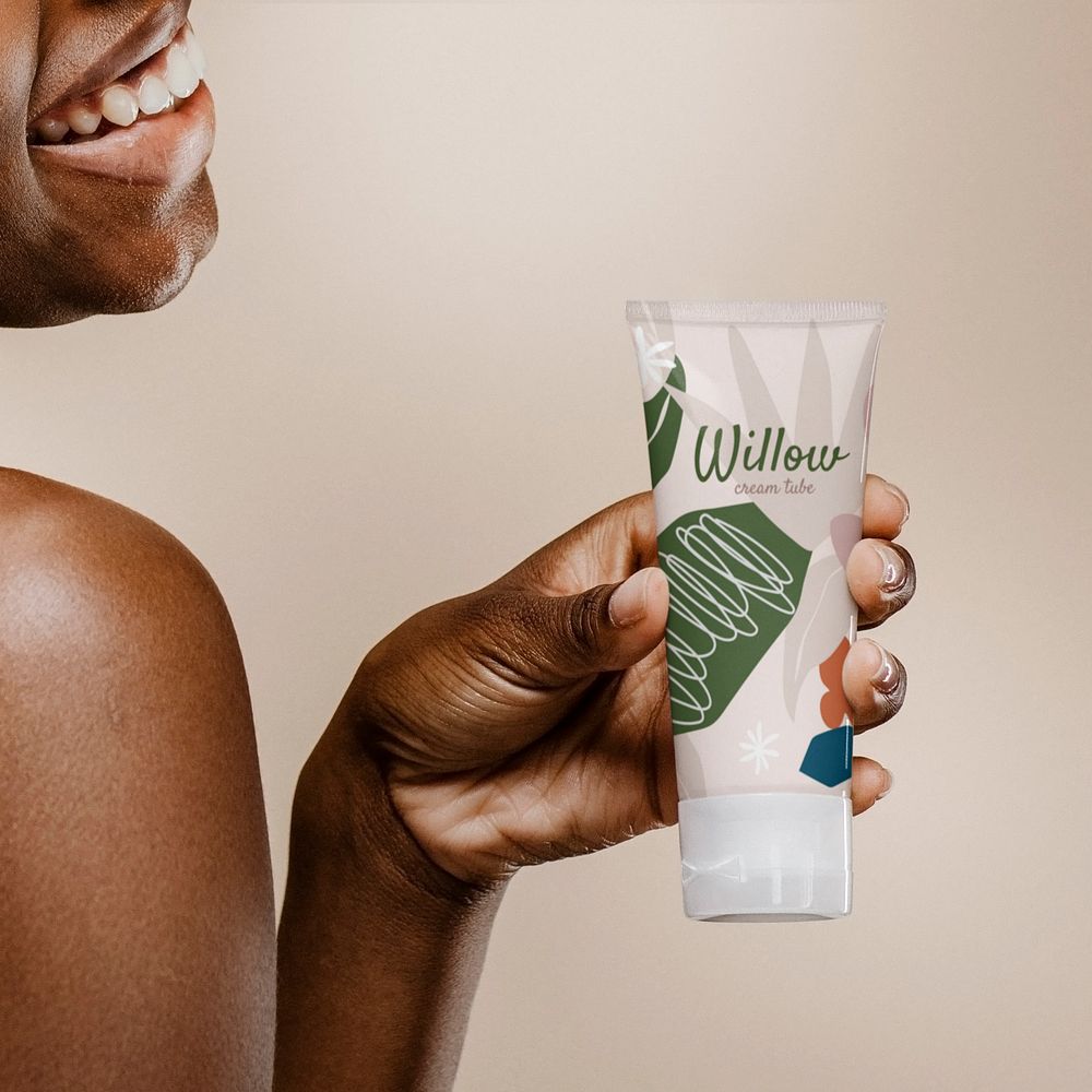 Skincare bottle mockup, smiling African woman 