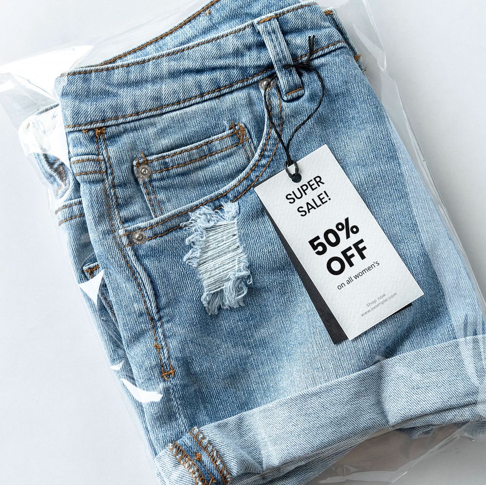 Clothing label mockup, women's denim shorts