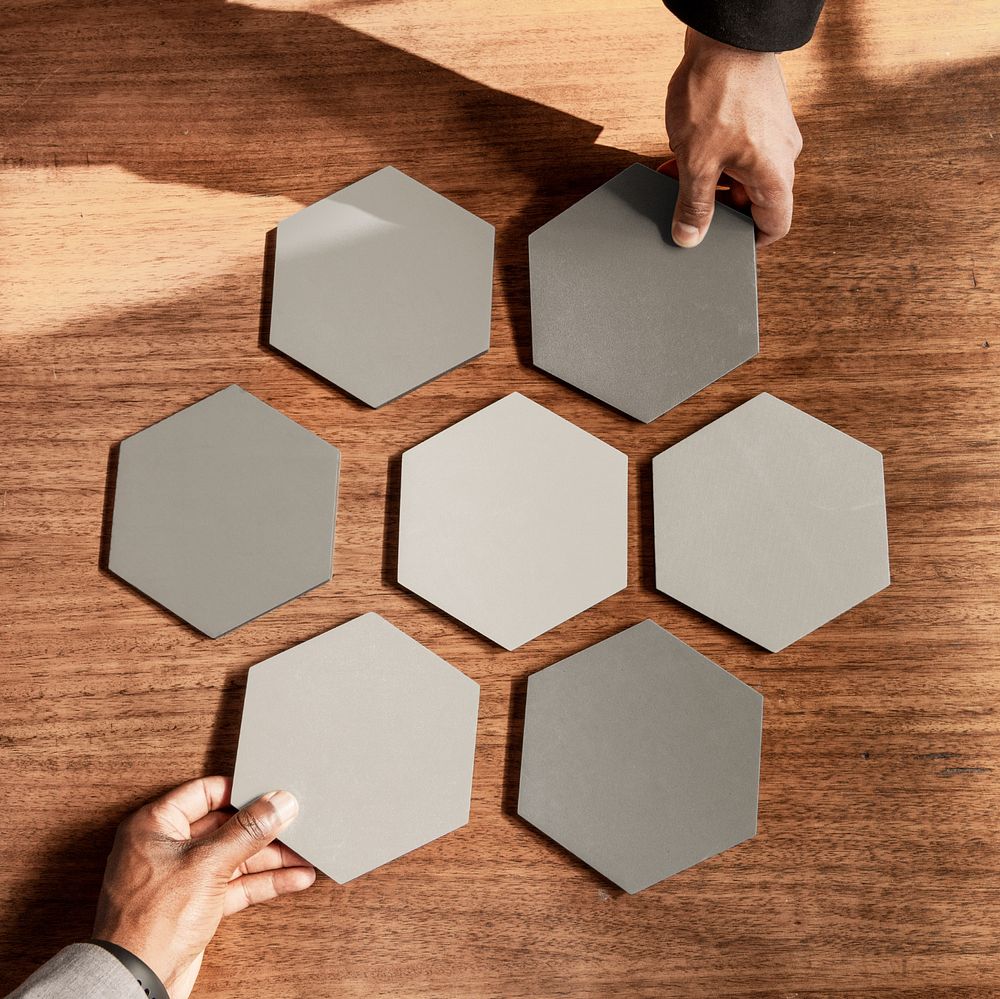 Hands connecting hexagon mockup, business strategy 