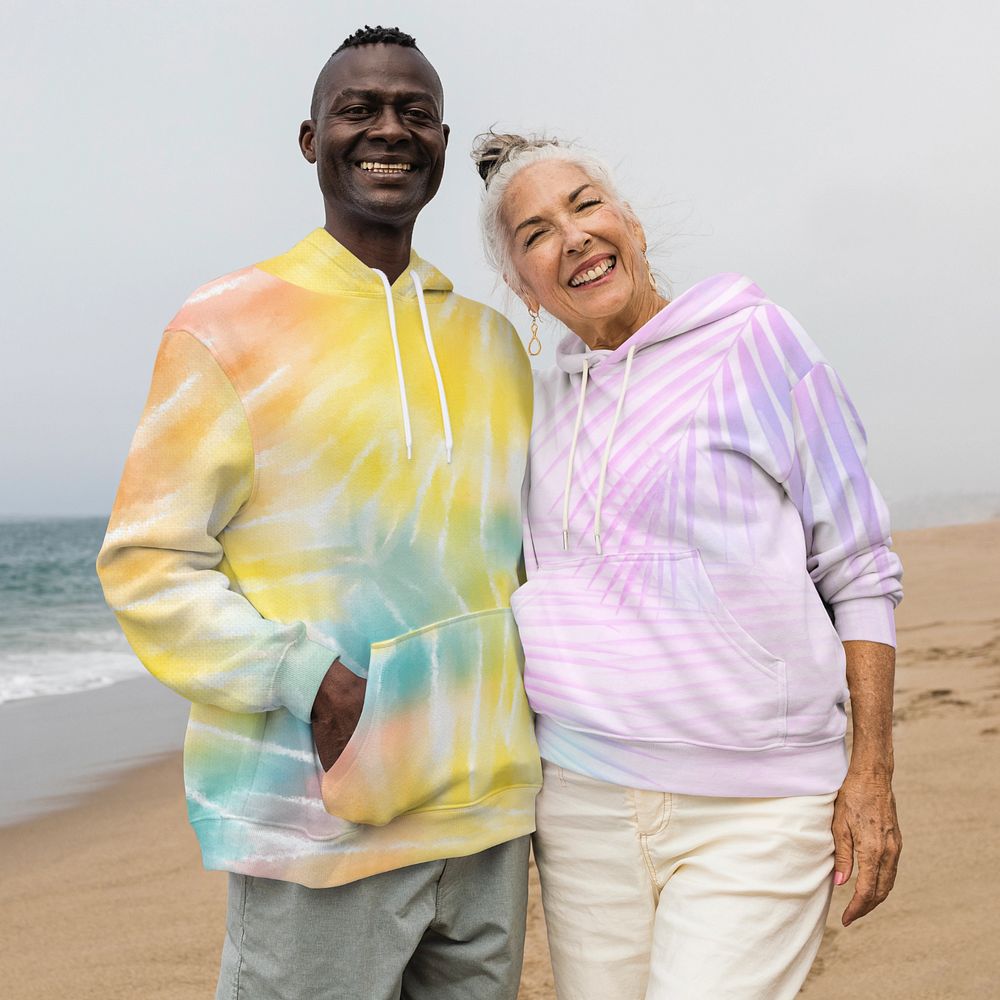 Tie dye hoodie mockup, couple on beach