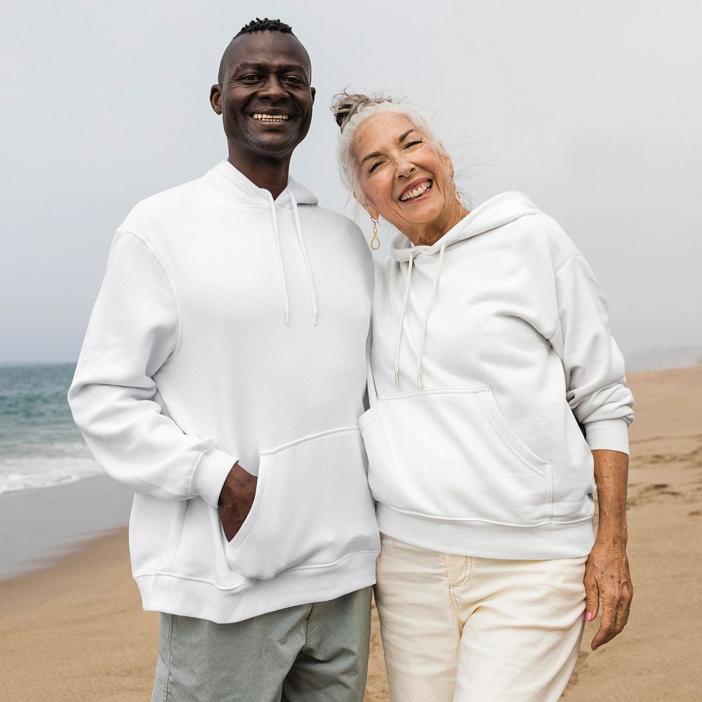 Hoodie mockup, couple on beach 