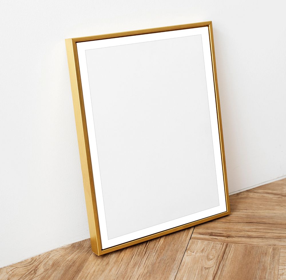 Gold picture frame mockup, wooden floor, editable design