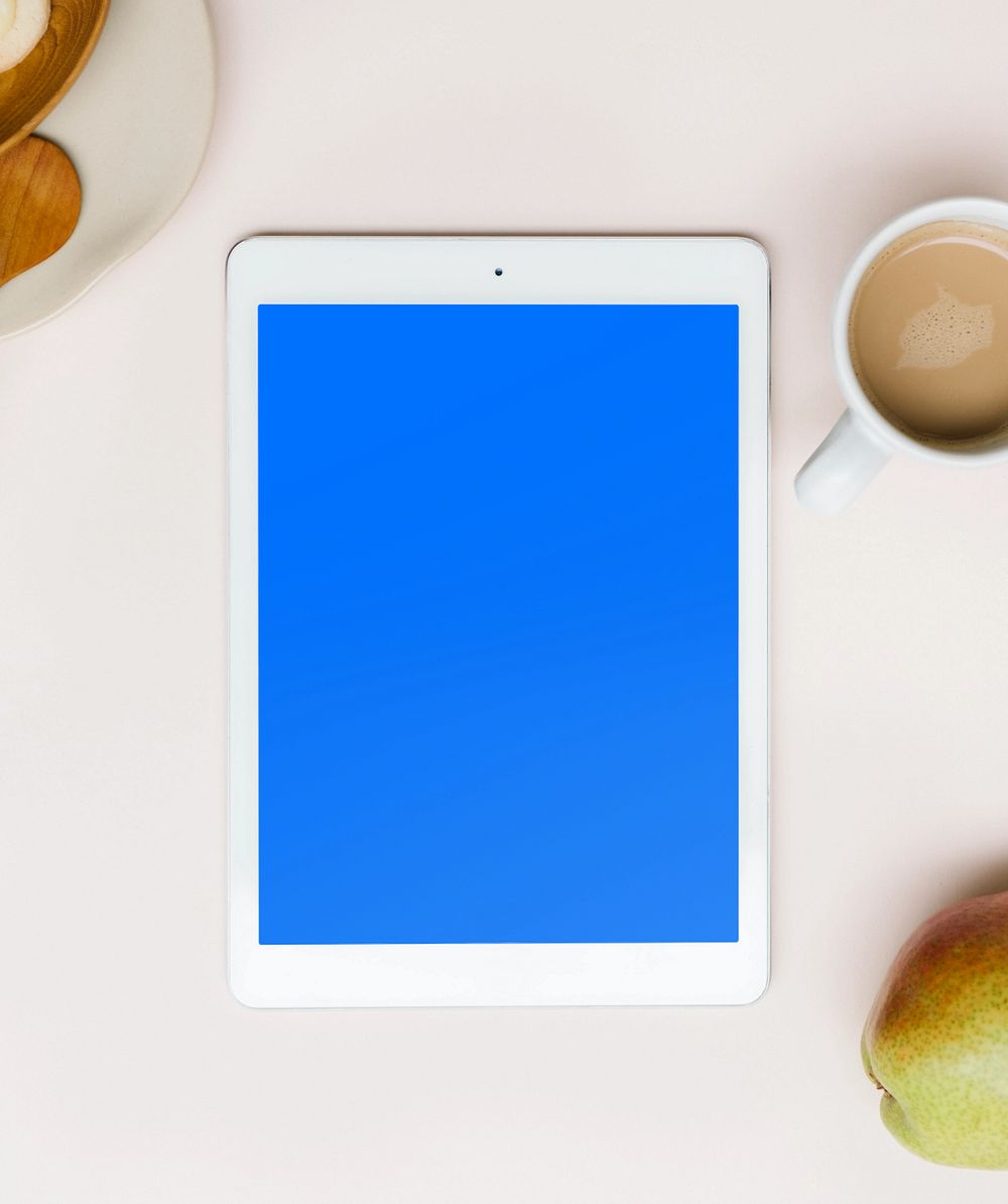 Tablet screen mockup, morning drink, editable design