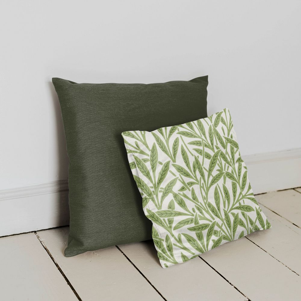 Cushion cover mockup, green leaf design