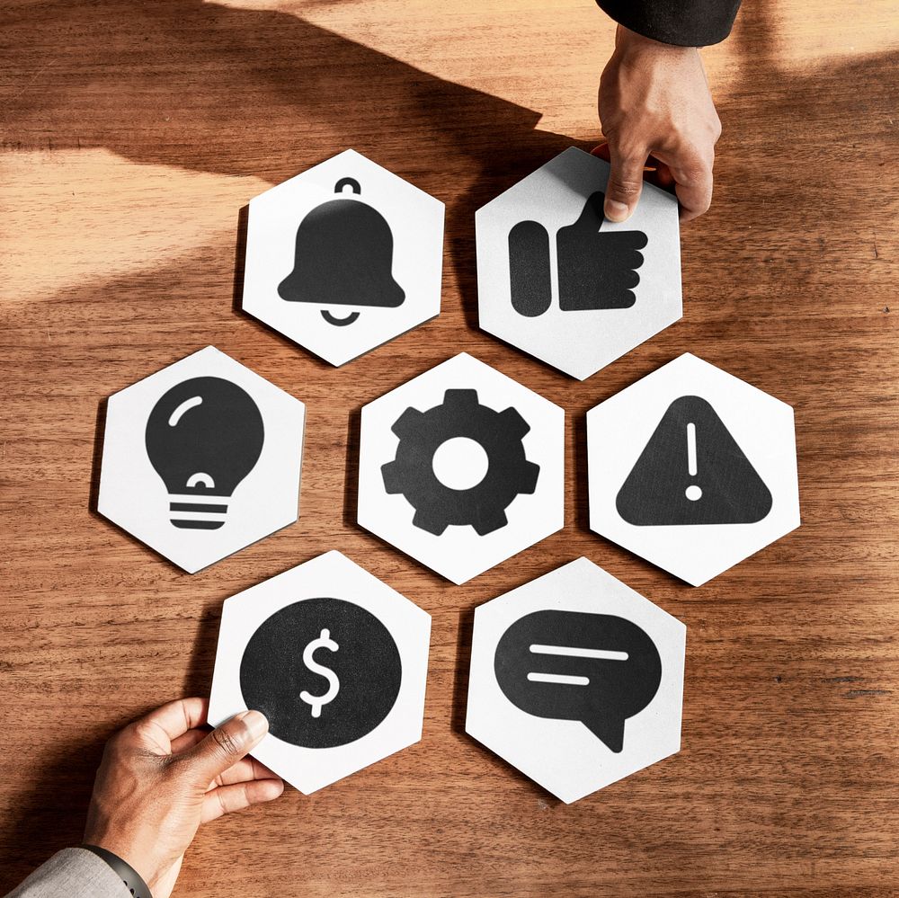 Hands connecting hexagon mockup, business strategy 