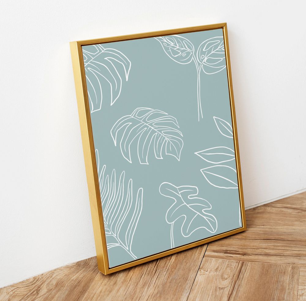 Gold picture frame mockup, wooden floor, editable design