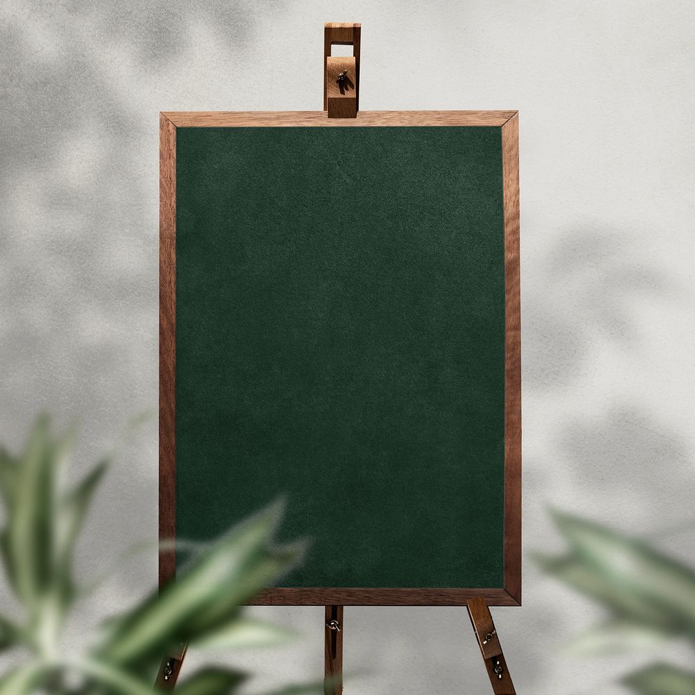 Blackboard easel sign mockup, leaf shadow design