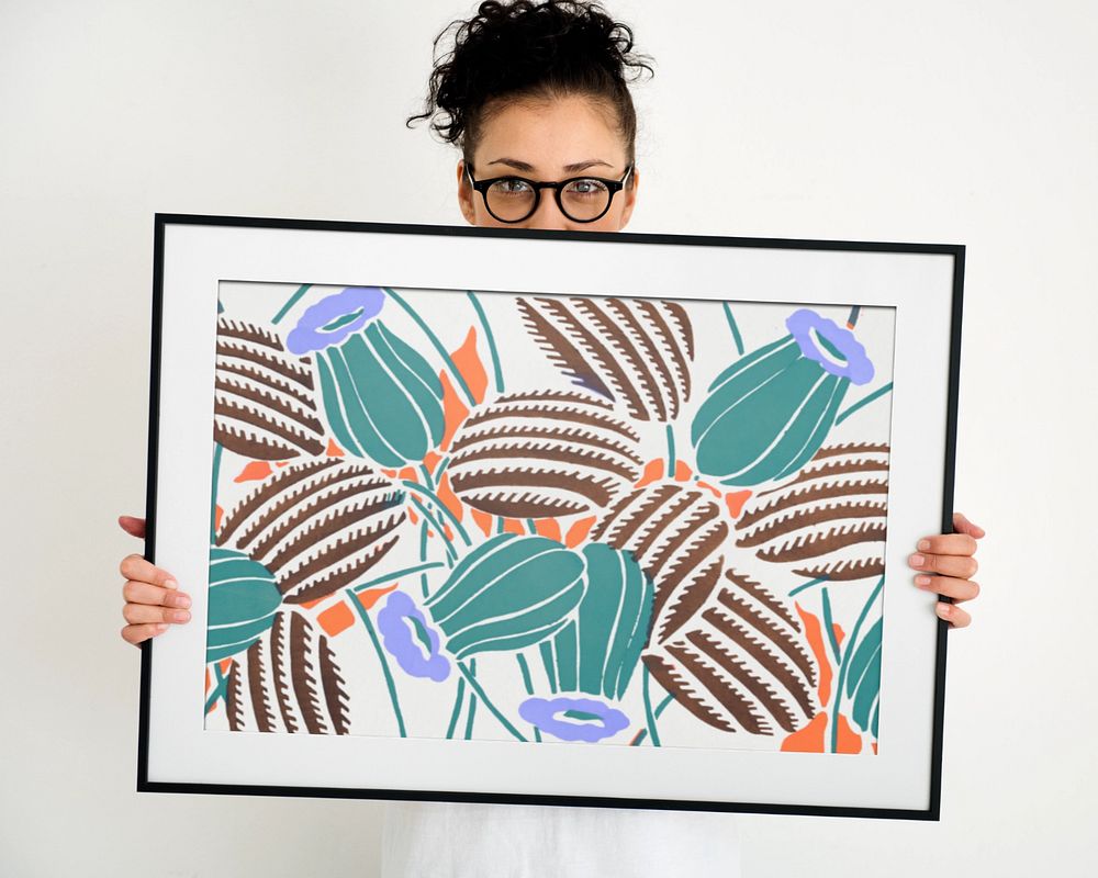 Woman holding picture frame mockup, editable design