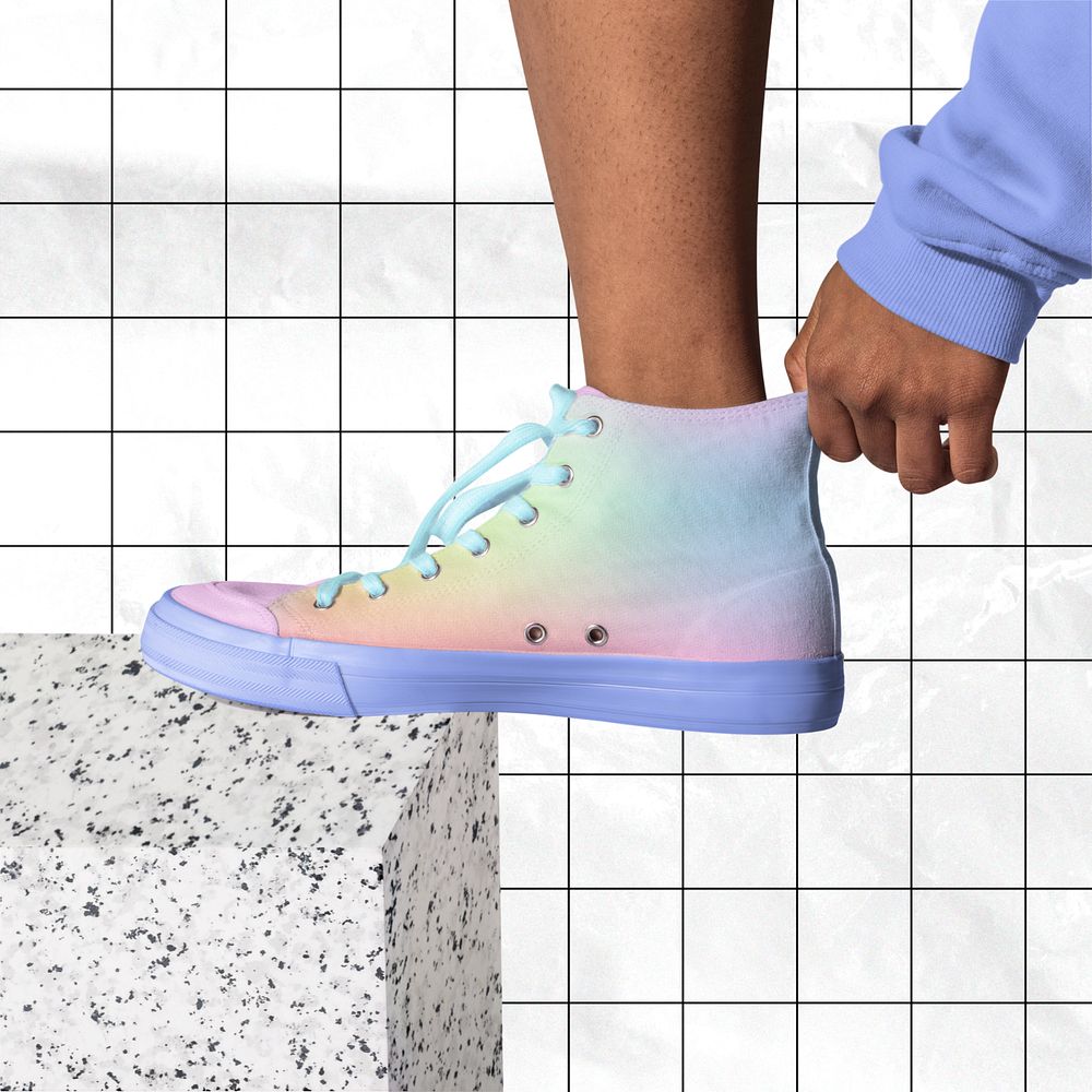 Sneakers mockup, colorful gradient footwear