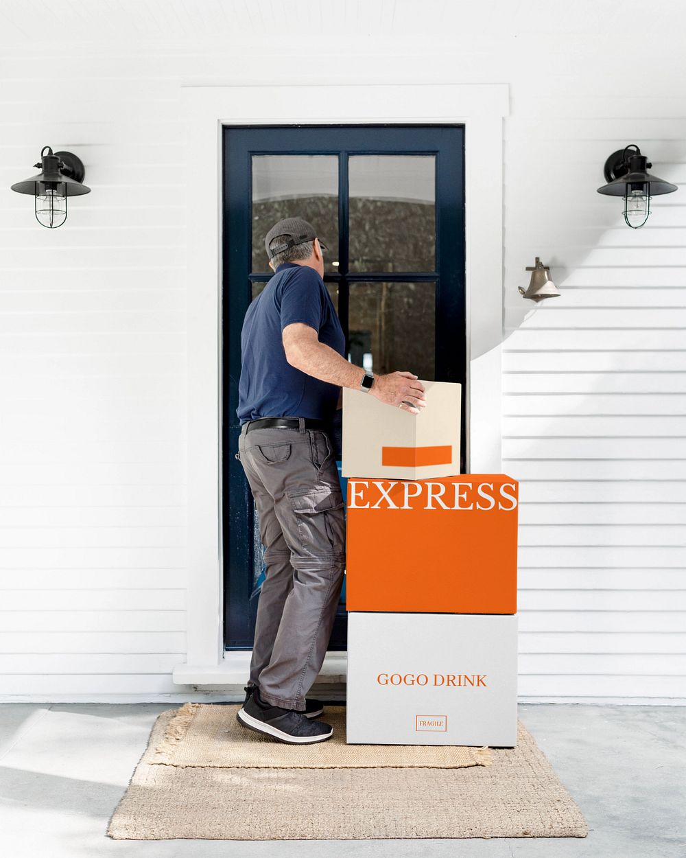 Parcel box mockup, delivery man, e-commerce