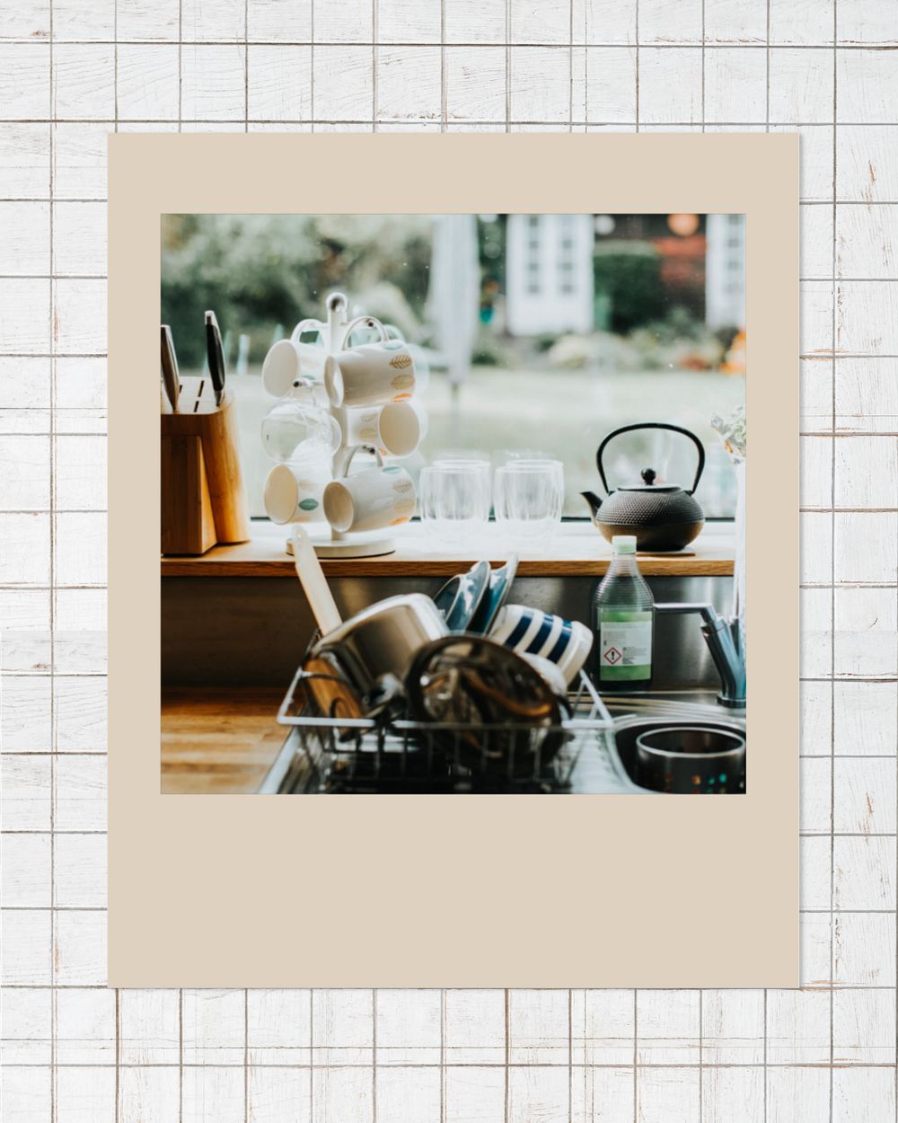 Instant film frame mockup, kitchen editable design