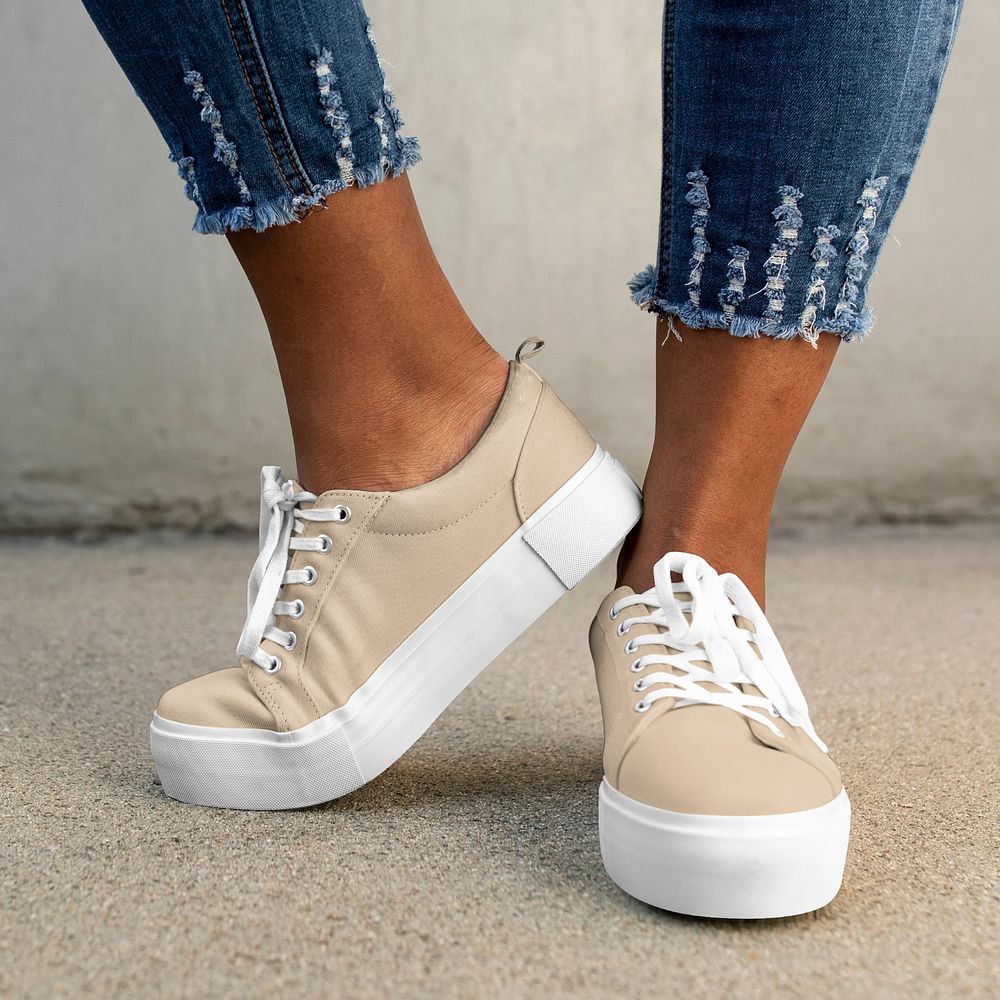 Beige sneakers mockup, editable canvas shoes design