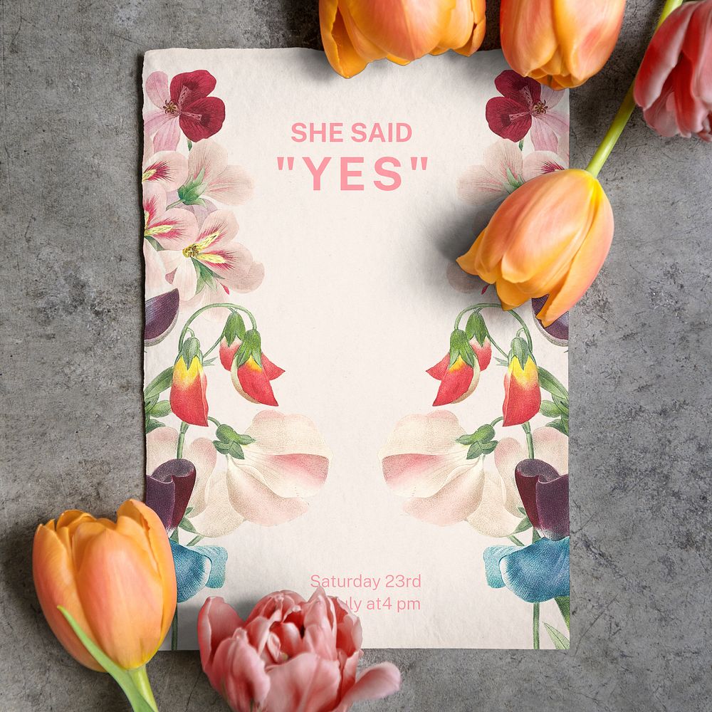 Floral poster card mockup, editable flat lay design