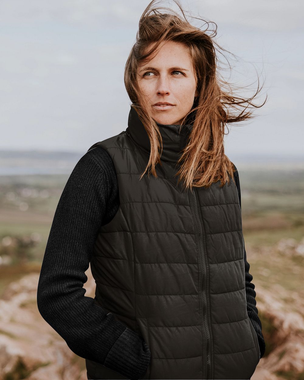 Puffer vest mockup, woman outdoor photoshoot