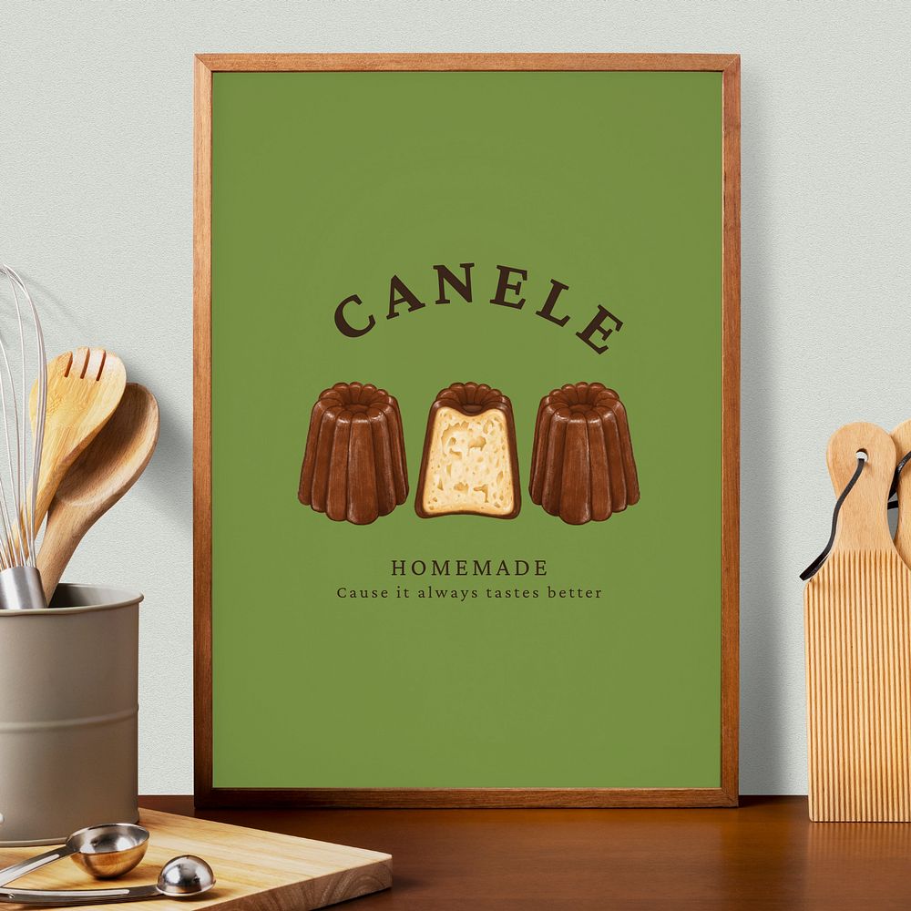 Picture frame editable mockup, canele dessert illustration