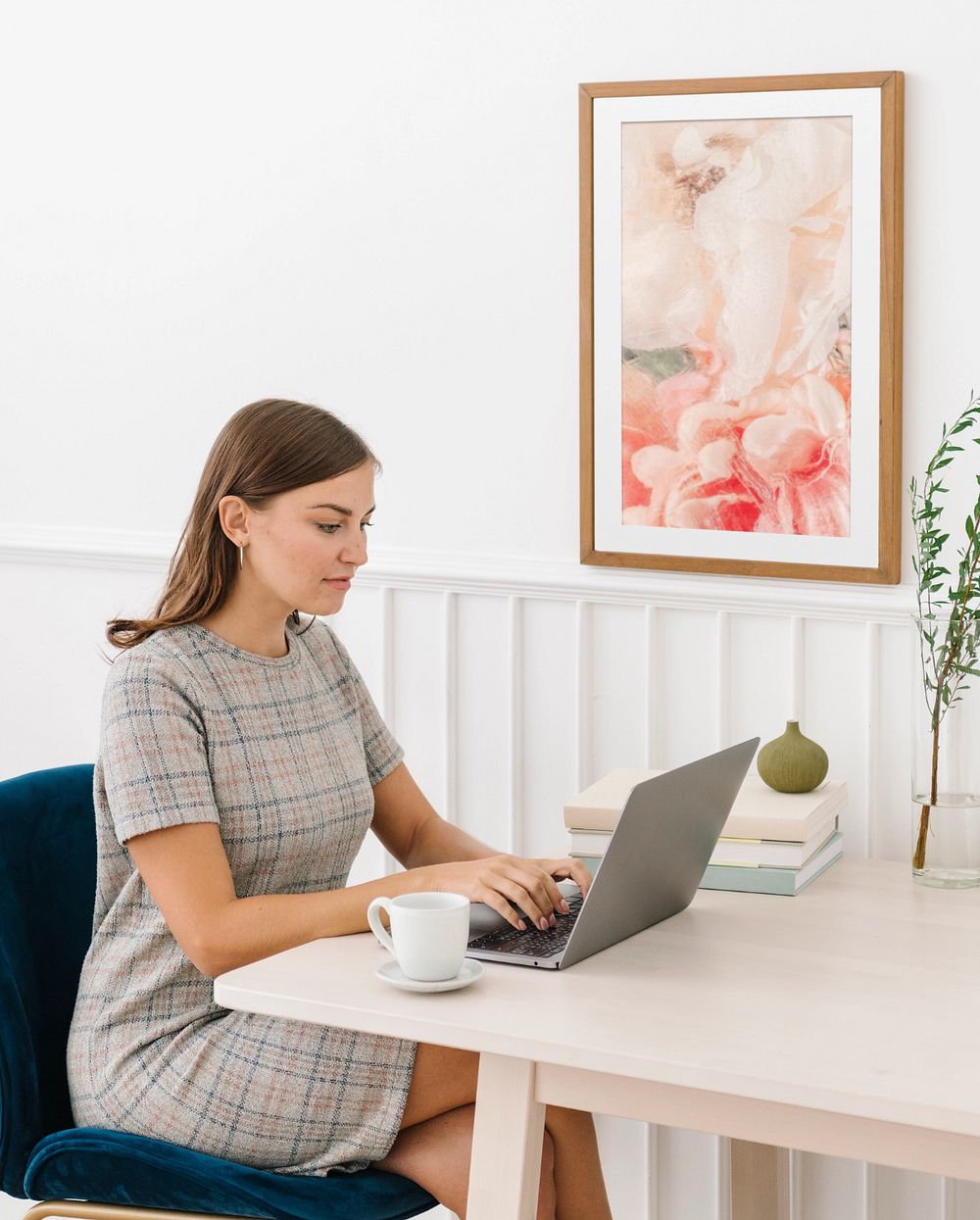 Photo frame mockup, woman working from home