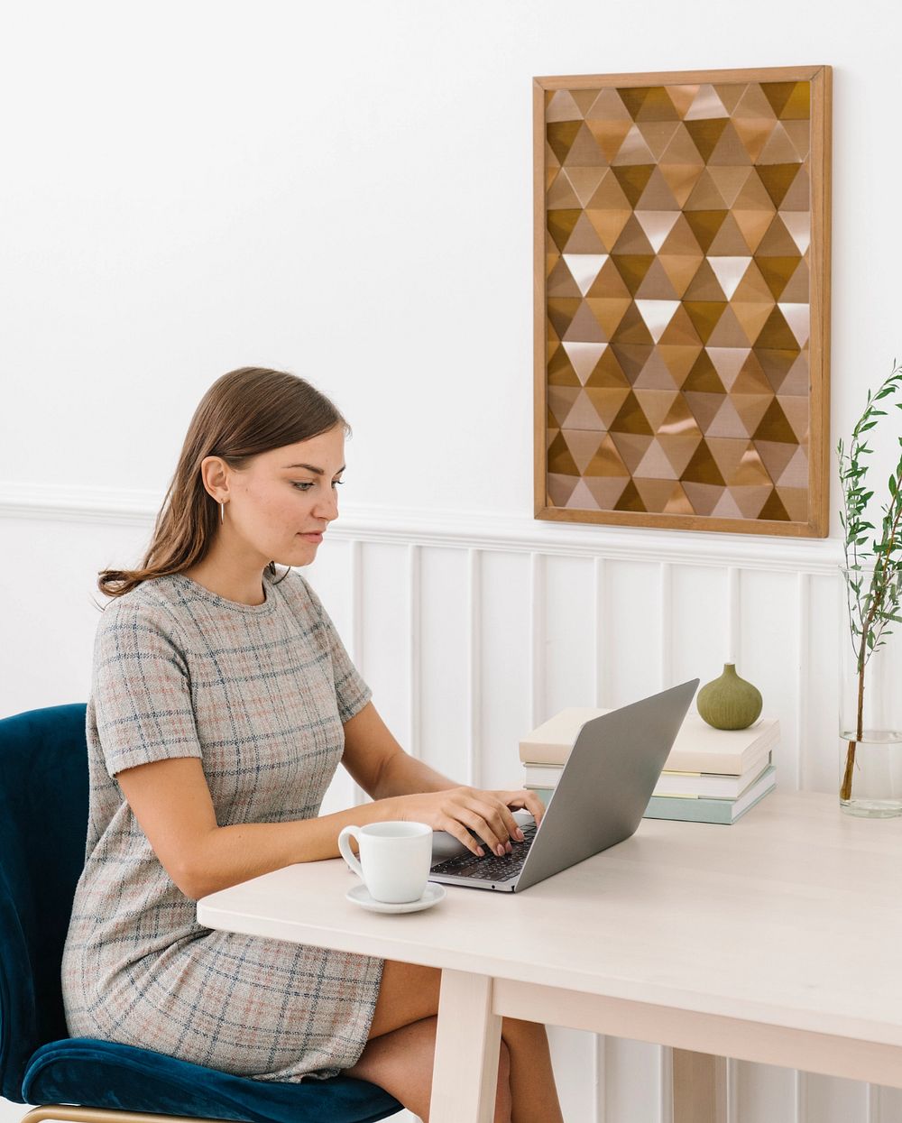 Photo frame mockup, woman working from home