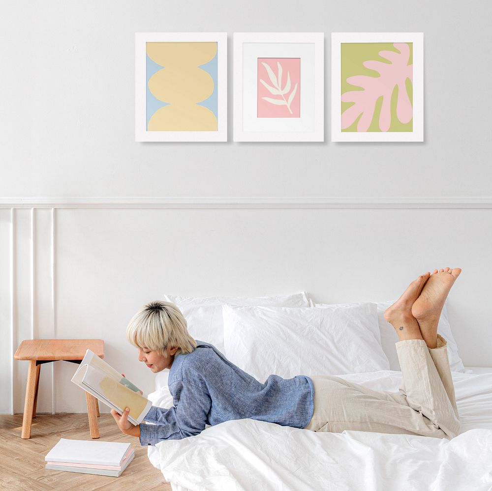 Photo frame mockup, woman reading in bedroom