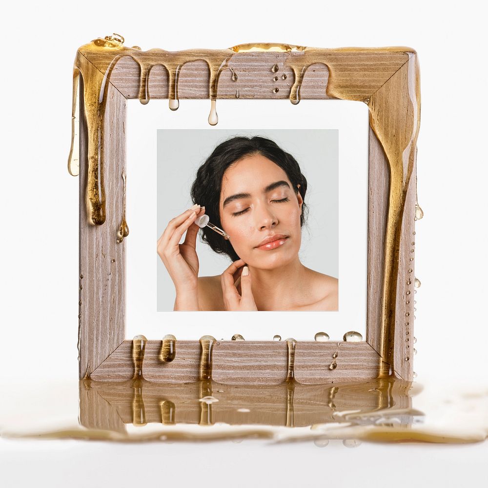 Wooden photo frame mockup, dripping honey