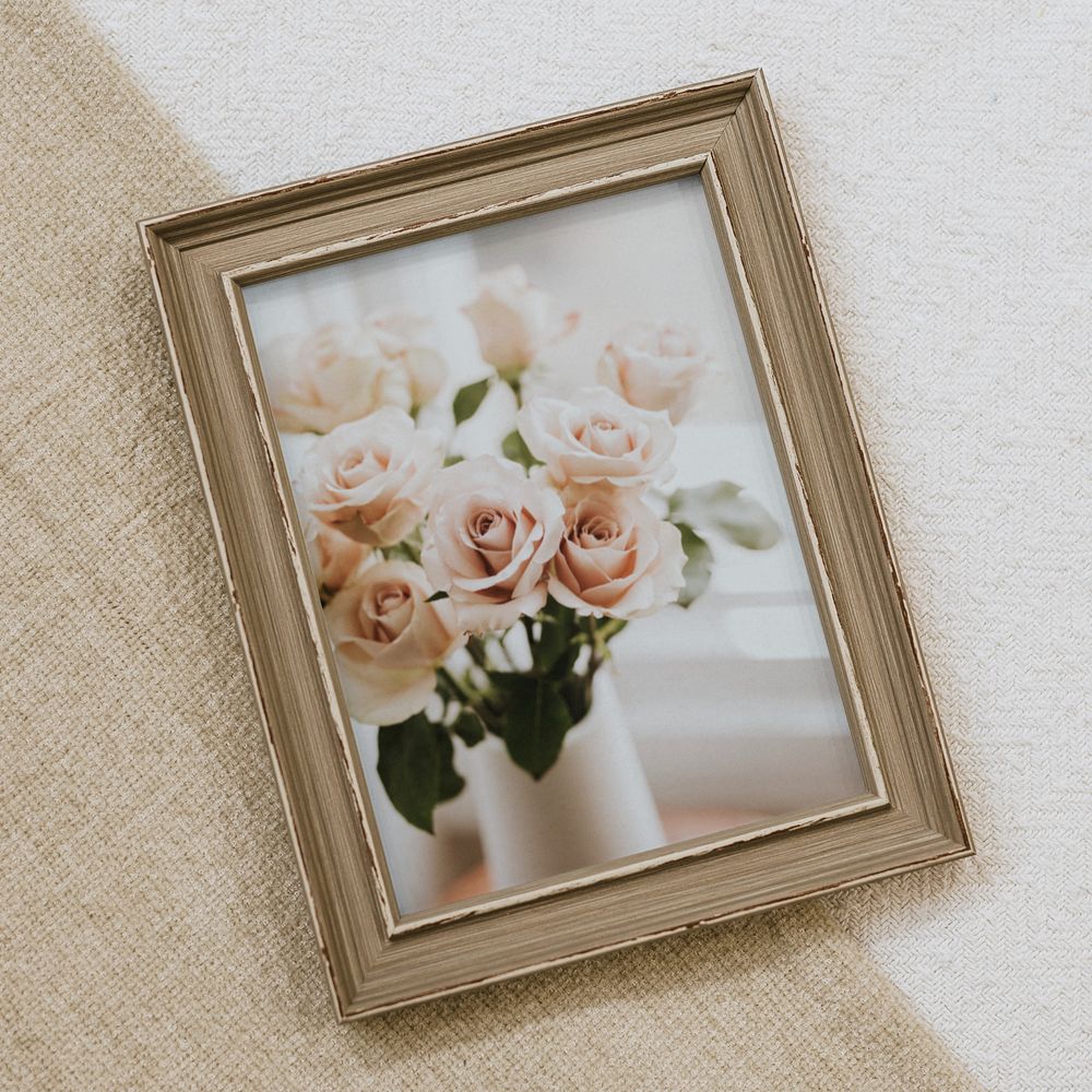 Photo frame mockup, flower photo, home decor