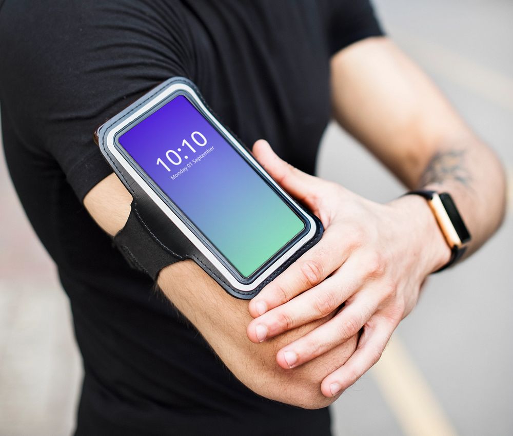 Fitness armband, mobile mockup, editable phone screen