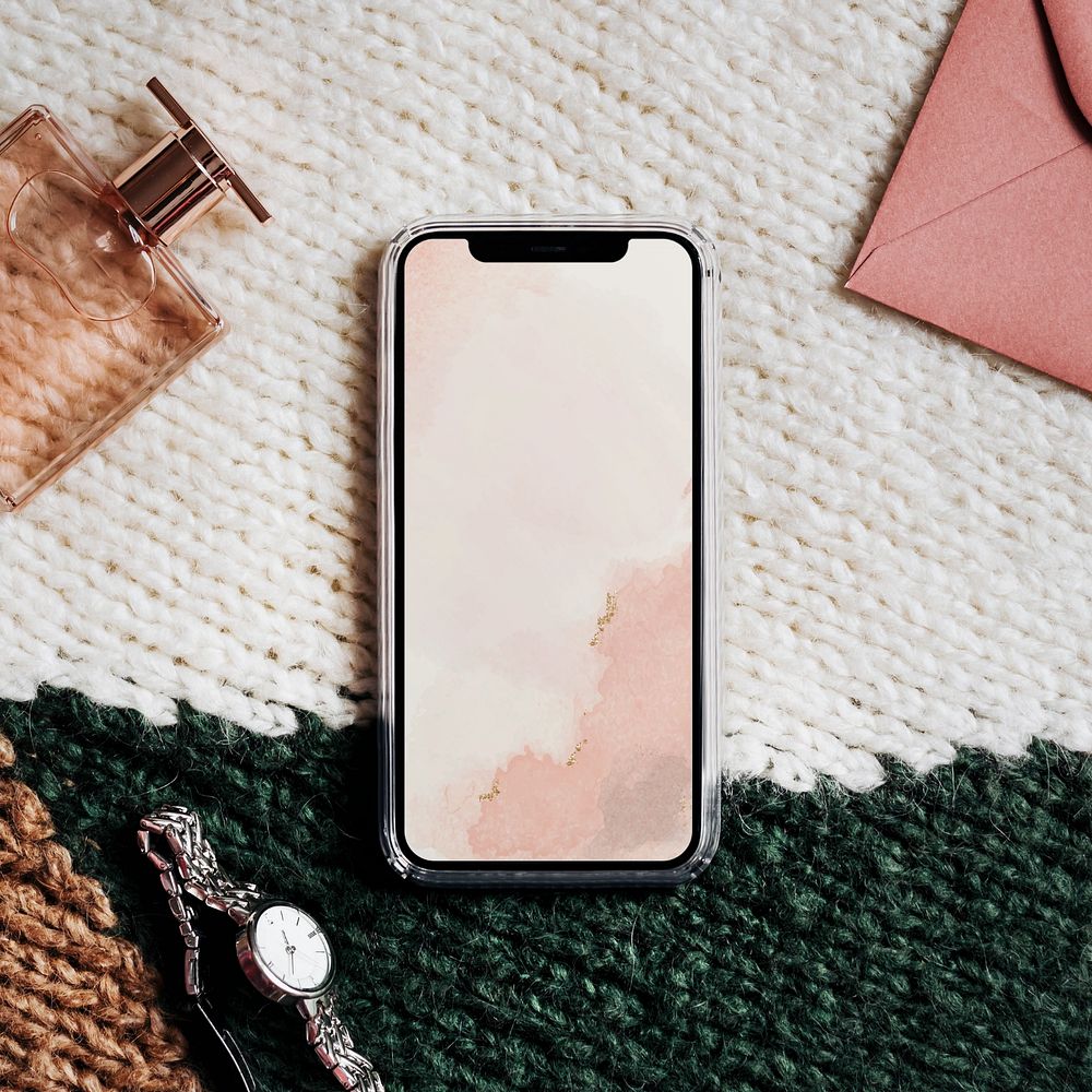 Feminine iPhone mockup screen, flat lay design