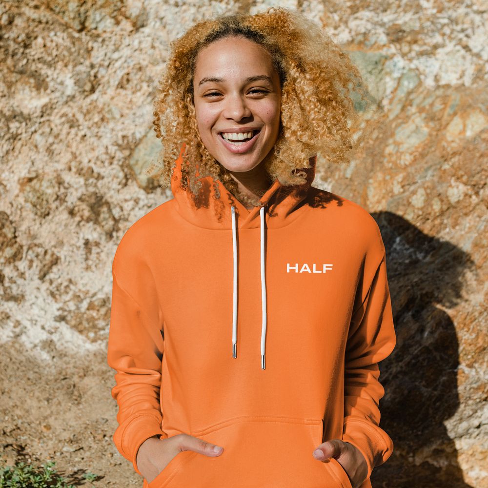 Hoodie mockup, smiling woman, summer style