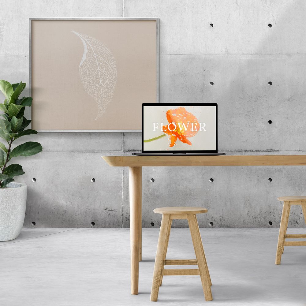 Urban office, laptop mockup, customizable notebook screen