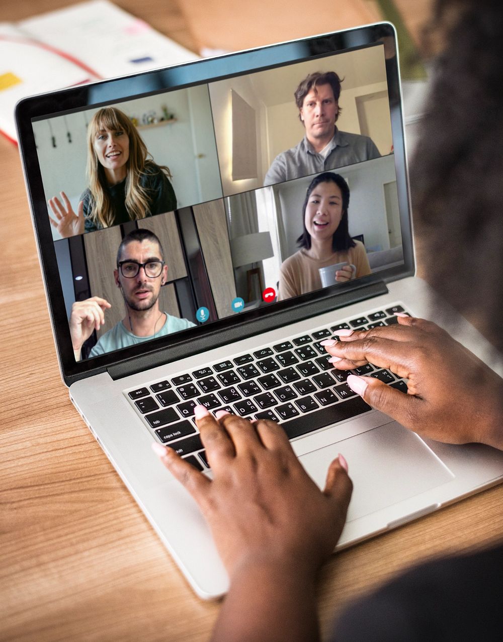 Video call on laptop mockup, editable screen