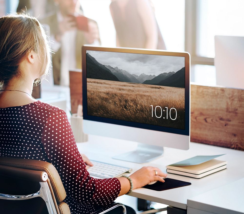 Office desk computer mockup, customizable design