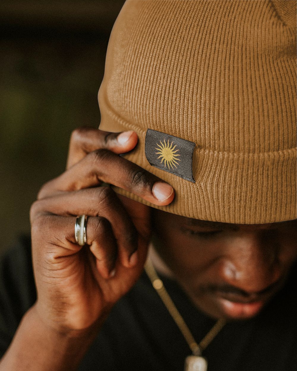 Brown woolen hat mockup on African American male model