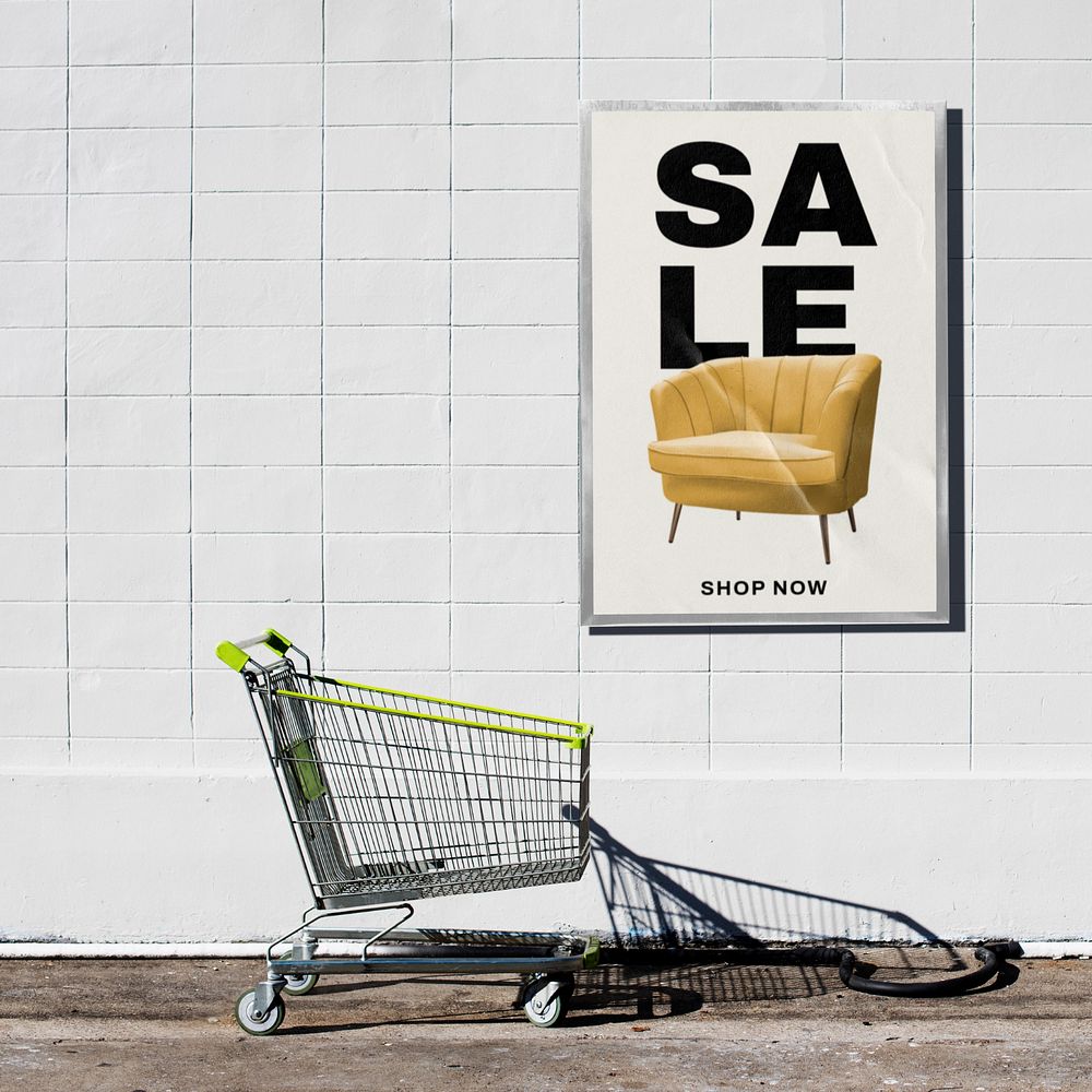 Supermarket sign mockup, white wall outdoor design